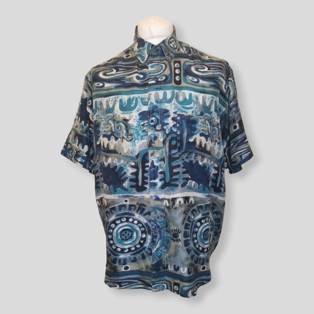 Abstract Pattern Shirt Mens Size L Blue Short Sleeve Silk Button Up Shirt - Picture 1 of 6
